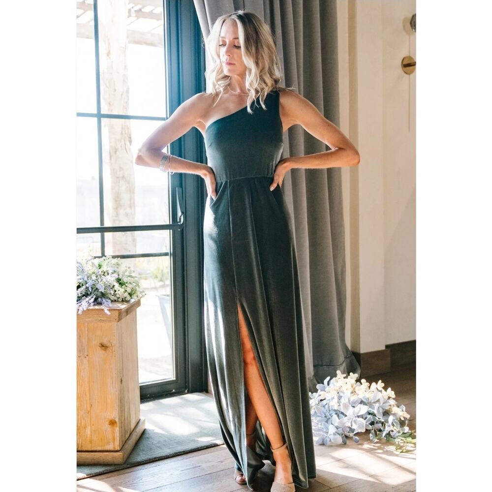 Baltic Born Tatiana Green Eucalyptus Velvet One Shoulder Maxi Dress XL